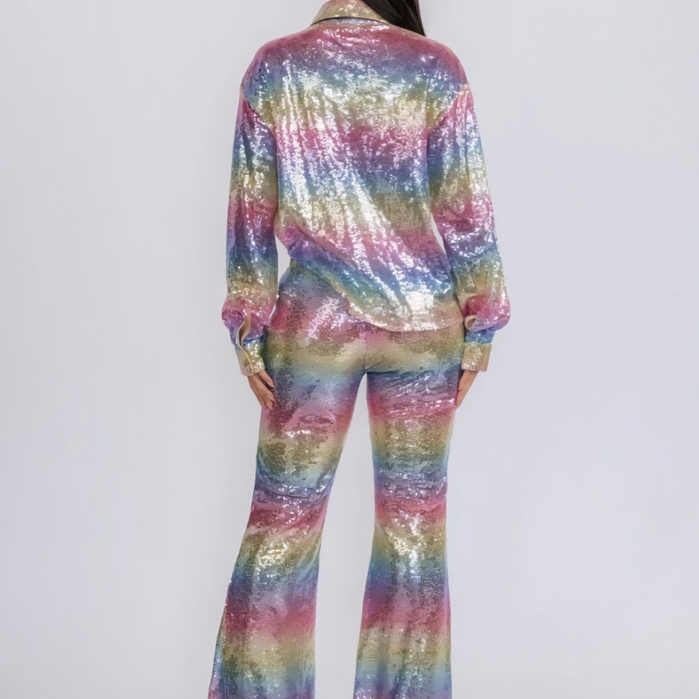 CH8 NWT Main Strip Multicolor Sequin Pantsuit Blouse Flare Leg 2 Pc Sm Md Lg - Picture 3 of 11